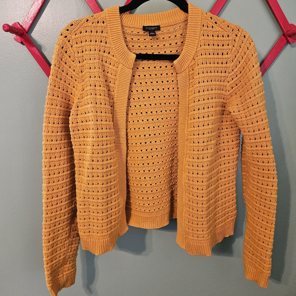 Ann Taylor Openfront Crochet Knit Cardigan in Mustard Yellow